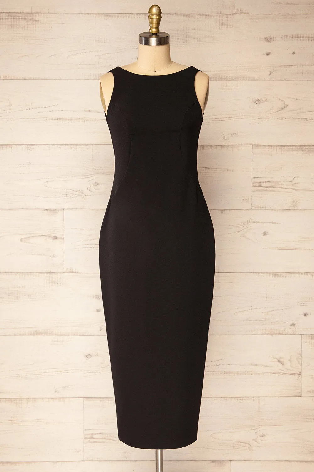 Kovna Black | Fitted Midi Dress w/ Open Back sold by Boutique 1861