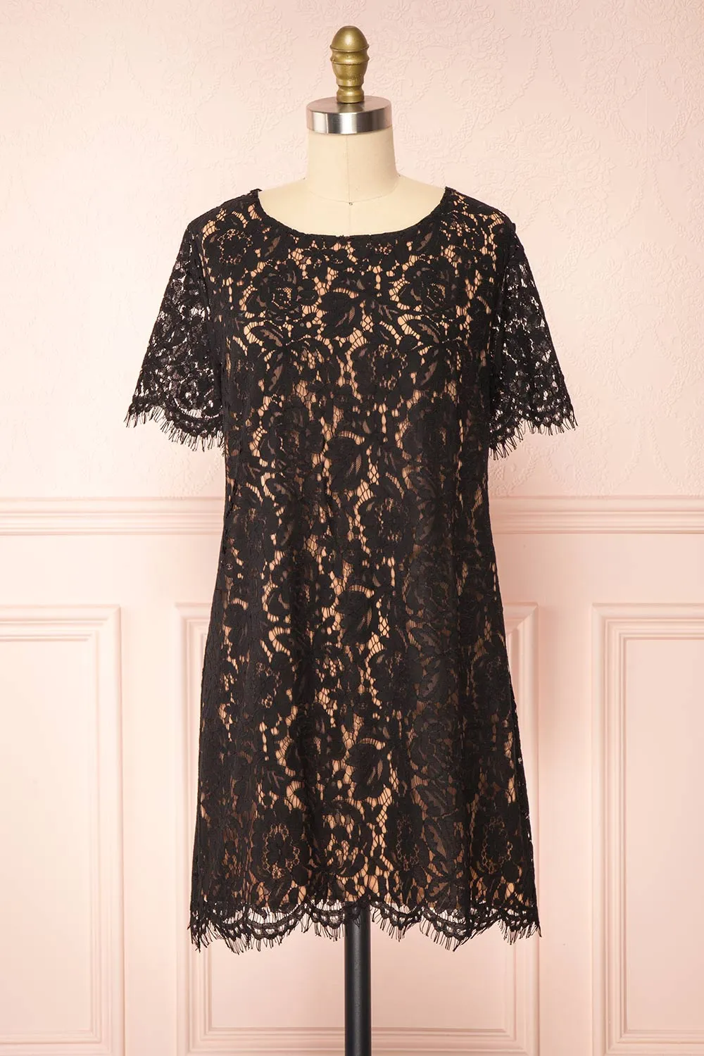 Apama Black | Floral Lace Short Sleeve Dress sold by Boutique 1861