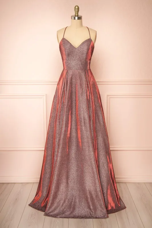 Darya Burgundy | Sparkly Maxi Dress w/ Open Back sold by Boutique 1861