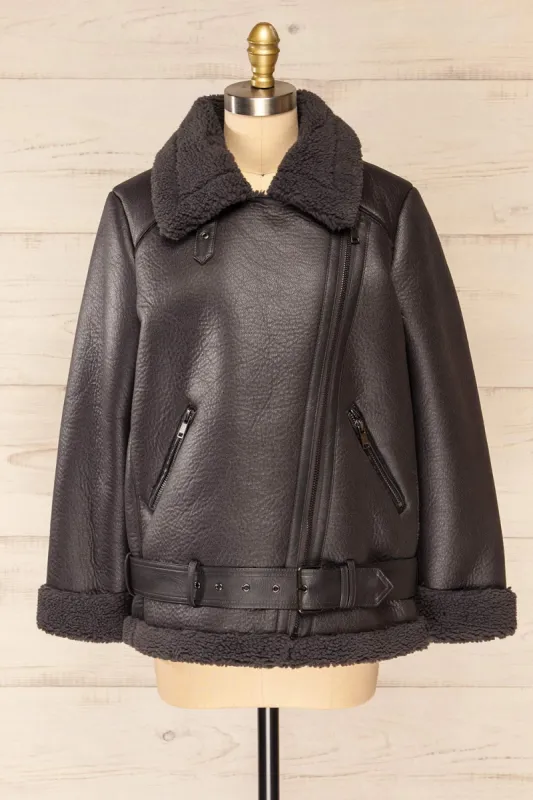 Sorong | Grey Faux Leather Coat w/ Sherpa Lining sold by Boutique 1861