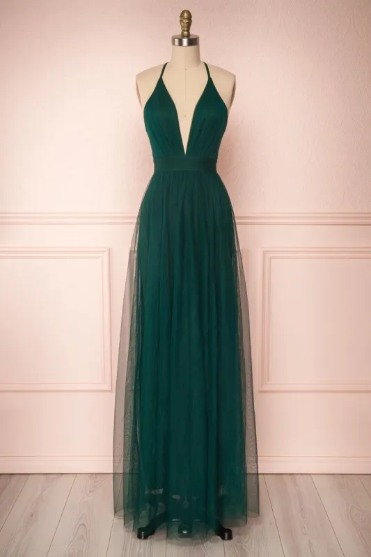 Aliki Green | Plunging Neckline Mesh Maxi Dress sold by Boutique 1861