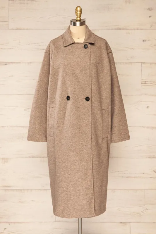Lhasa | Long Taupe Felt Coat sold by Boutique 1861