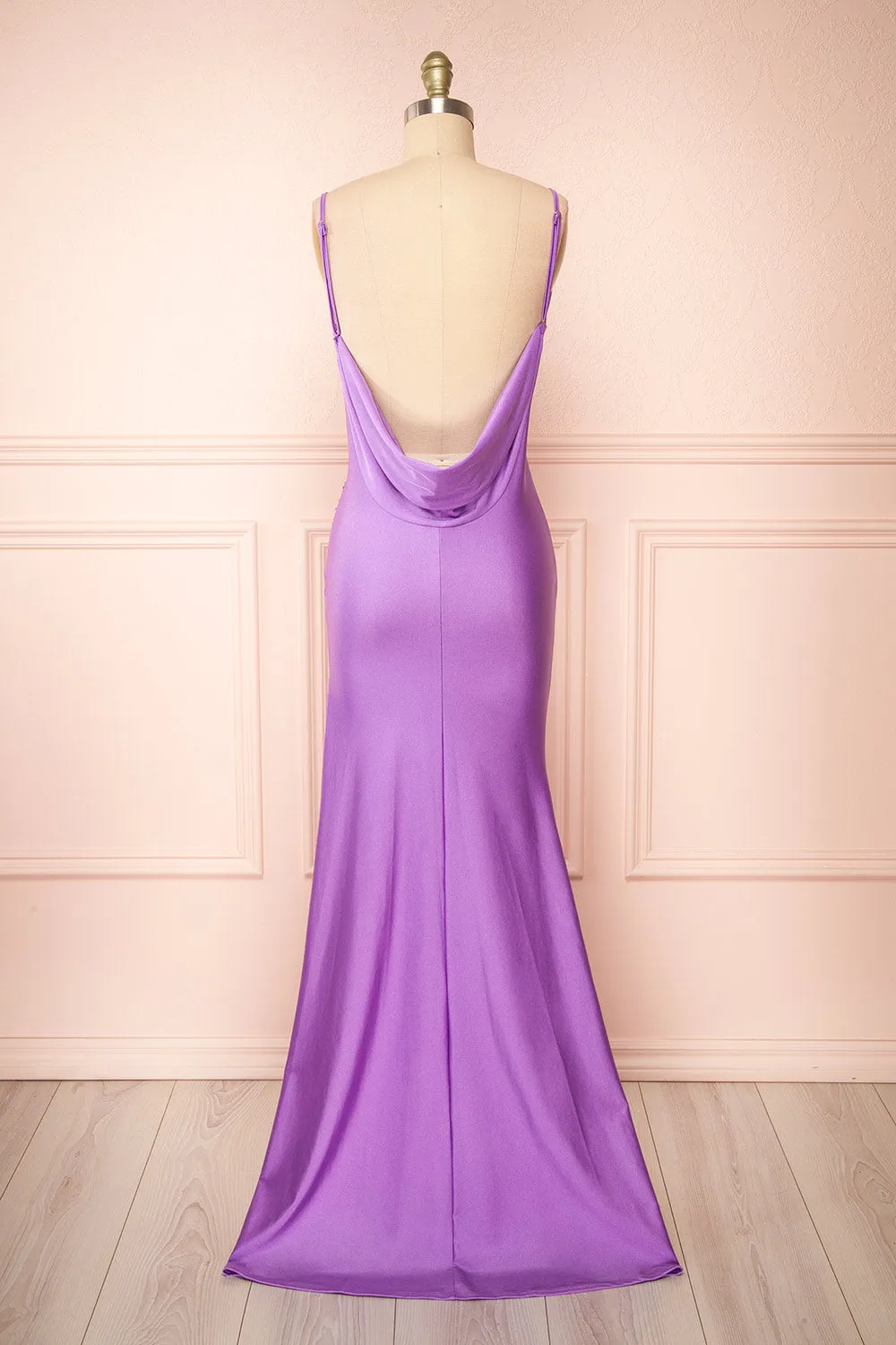 Nixie Lavender | Backless Fitted Satin Maxi Dress sold by Boutique 1861