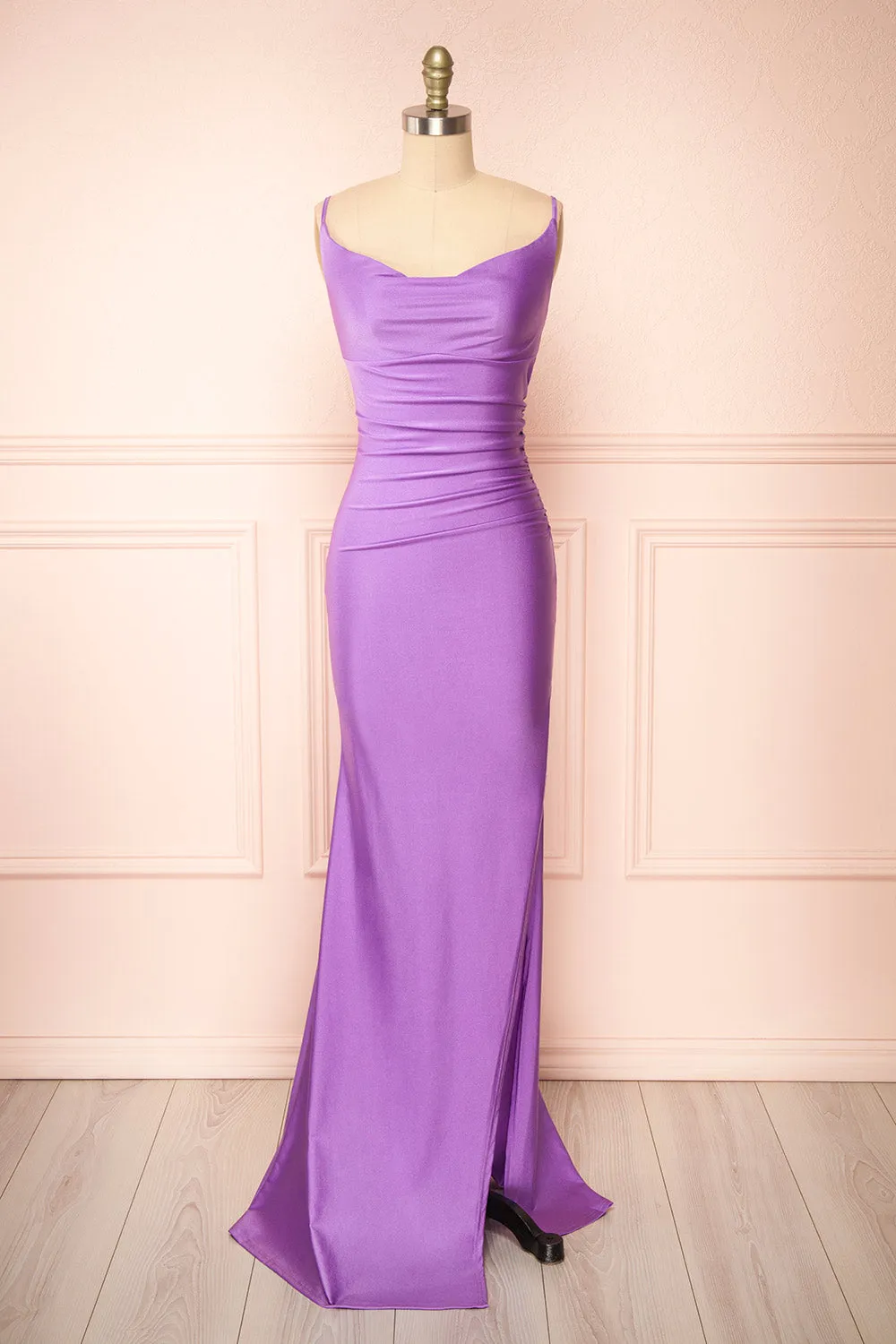 Nixie Lavender | Backless Fitted Satin Maxi Dress sold by Boutique 1861 product image thumbnail 3