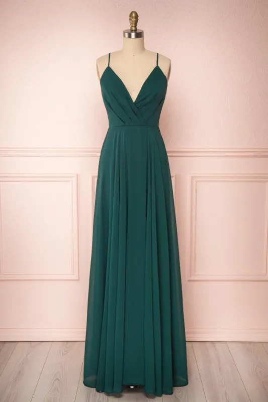 Aelis Green | Pleated Plunging V-Neckline Gown sold by Boutique 1861