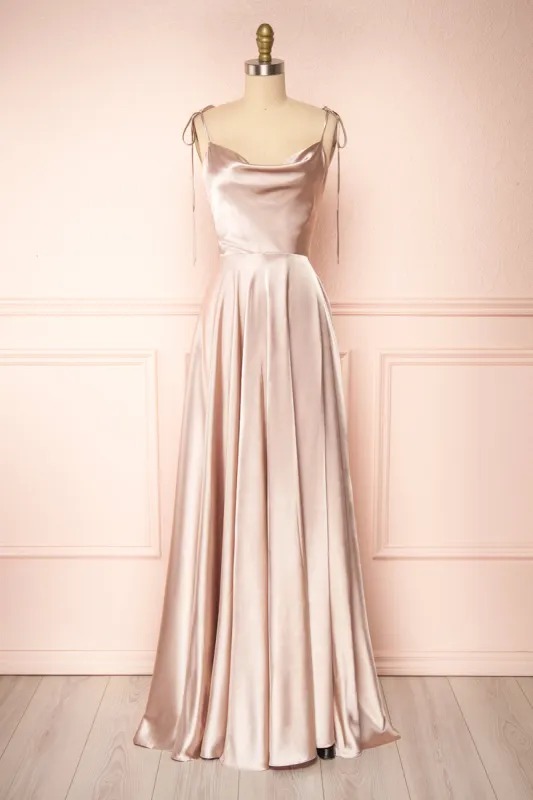 Moira Sand | Cowl Neck Satin Maxi Dress with High Slit sold by Boutique 1861