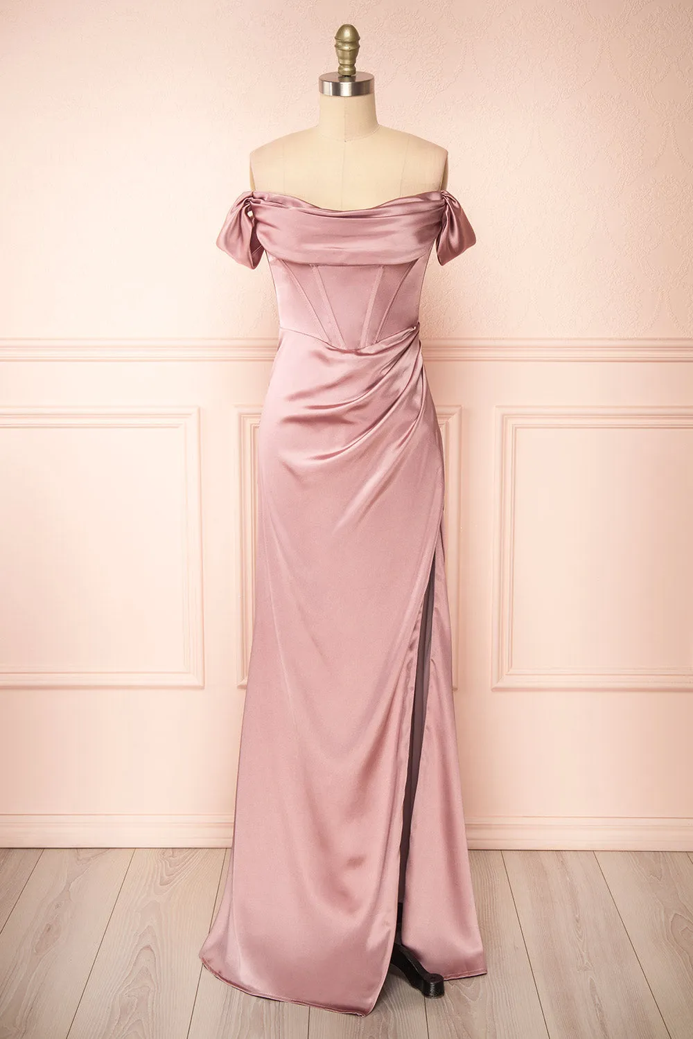 Evolet Mauve | Off-Shoulder Corset Maxi Dress sold by Boutique 1861