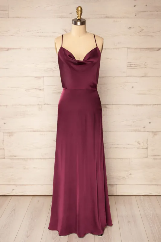 Letheria | Burgundy Cowl Neck Satin Maxi Dress sold by Boutique 1861