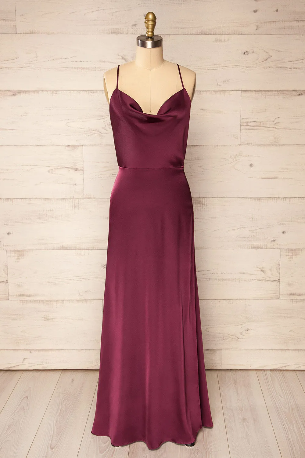 Letheria | Burgundy Cowl Neck Satin Maxi Dress sold by Boutique 1861