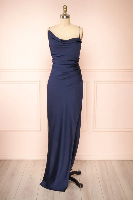 Sevika Navy | Maxi Satin Dress w/ Cowl Neck sold by Boutique 1861
