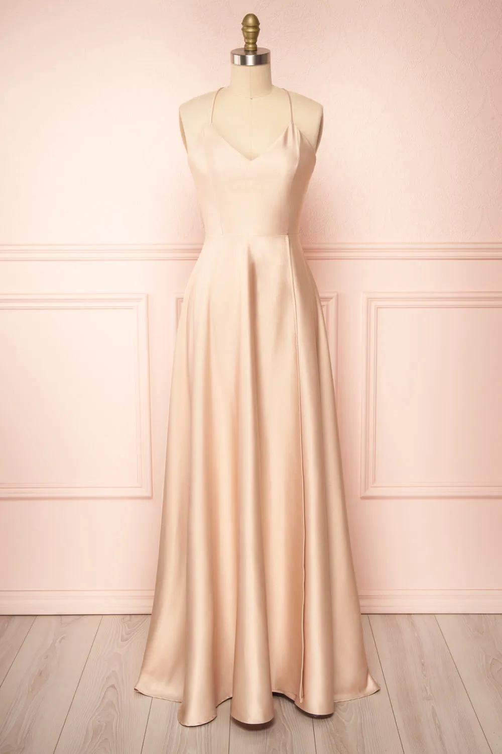 Julia Champagne | Satin Maxi Dress w/ High Slit sold by Boutique 1861
