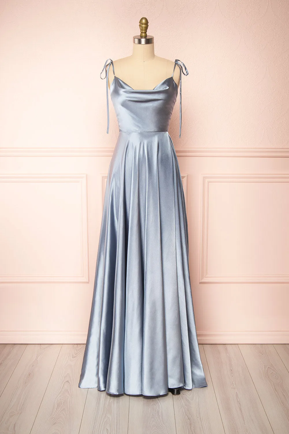 Moira Blue | Cowl Neck Satin Maxi Dress w/ High Slit sold by Boutique 1861