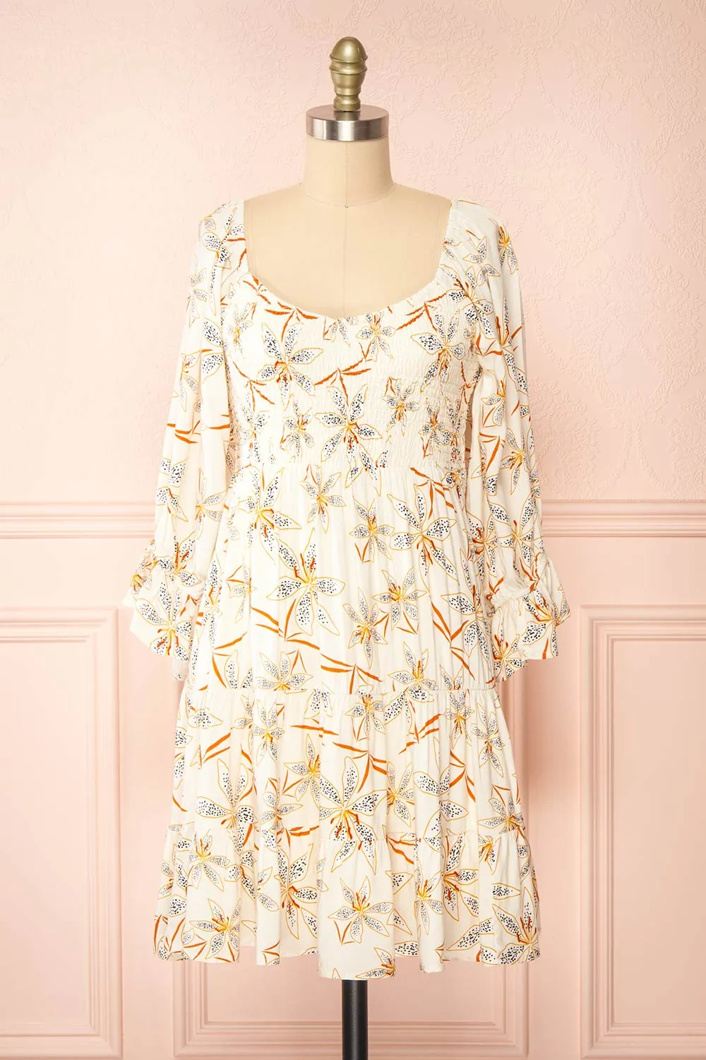 Maelis | Short Ivory Floral Dress w/ 3/4 Sleeves sold by Boutique 1861