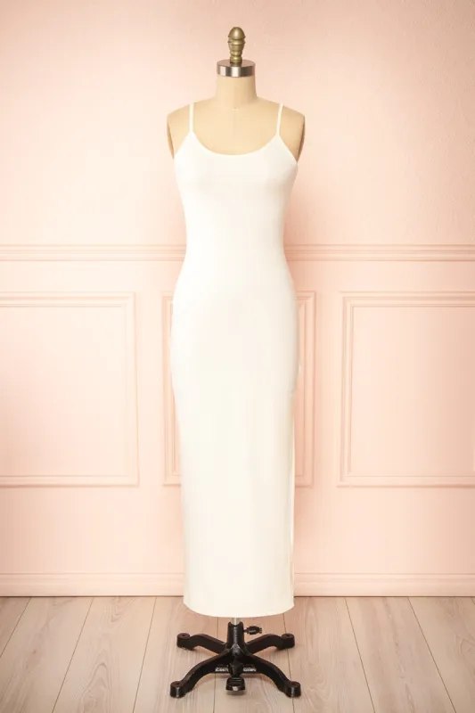Corina | Long Cream Fitted Sleeveless Ribbed Dress sold by Boutique 1861