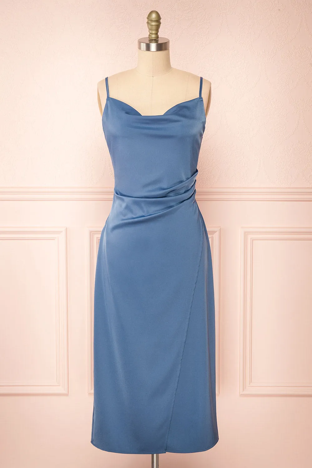 Chloe Blue | Cowl Neck Satin Midi Slip Dress sold by Boutique 1861