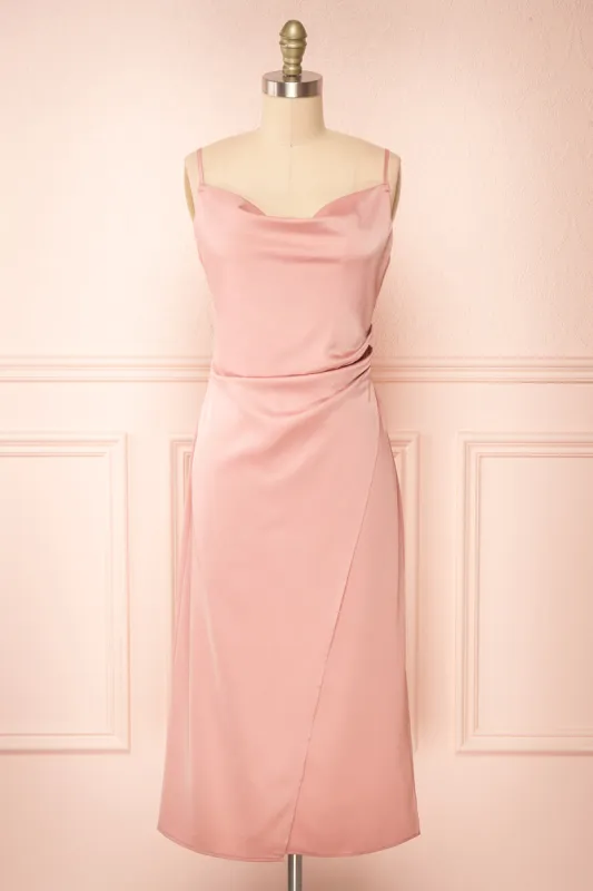 Chloe Pink | Cowl Neck Satin Midi Slip Dress sold by Boutique 1861