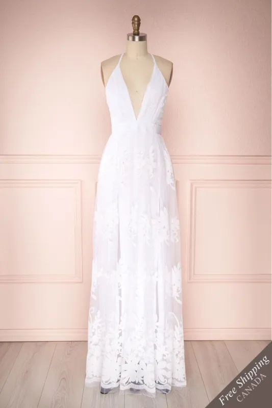 Kailania White | Floral Mesh Deep V-Neck Maxi Dress sold by Boutique 1861