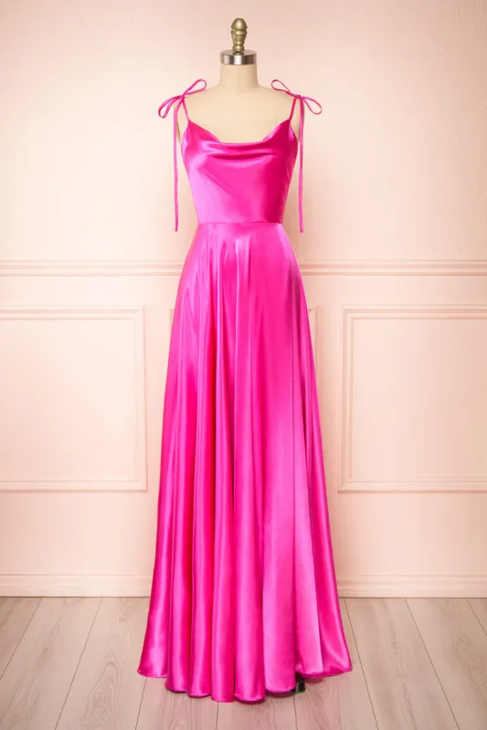 Moira Fuchsia | Cowl Neck Satin Maxi Dress w/ High Slit sold by Boutique 1861