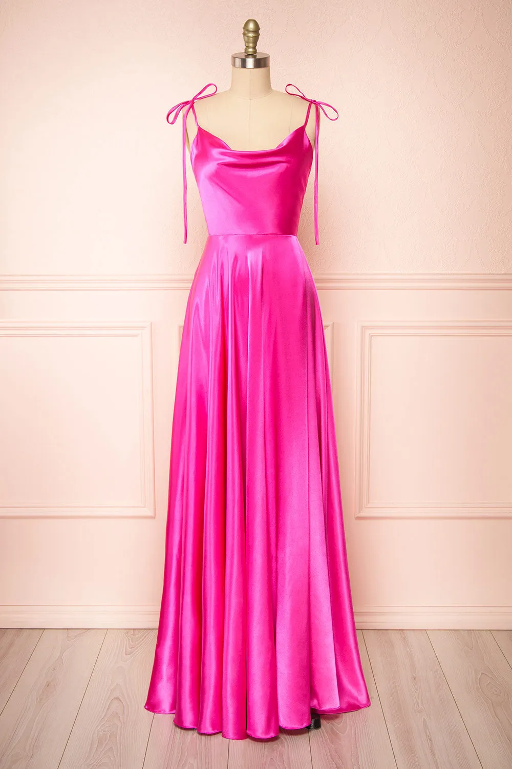 Moira Fuchsia | Cowl Neck Satin Maxi Dress w/ High Slit sold by Boutique 1861
