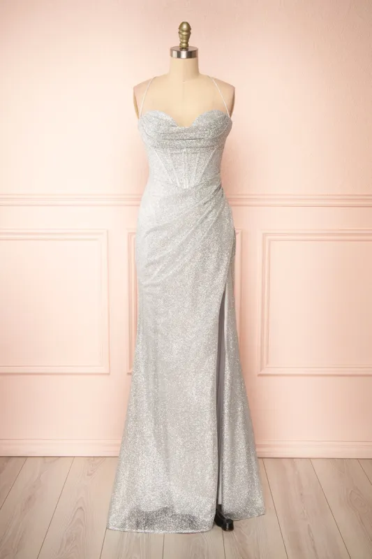 Frosti Silver | Sparkly Cowl Neck Maxi Dress sold by Boutique 1861
