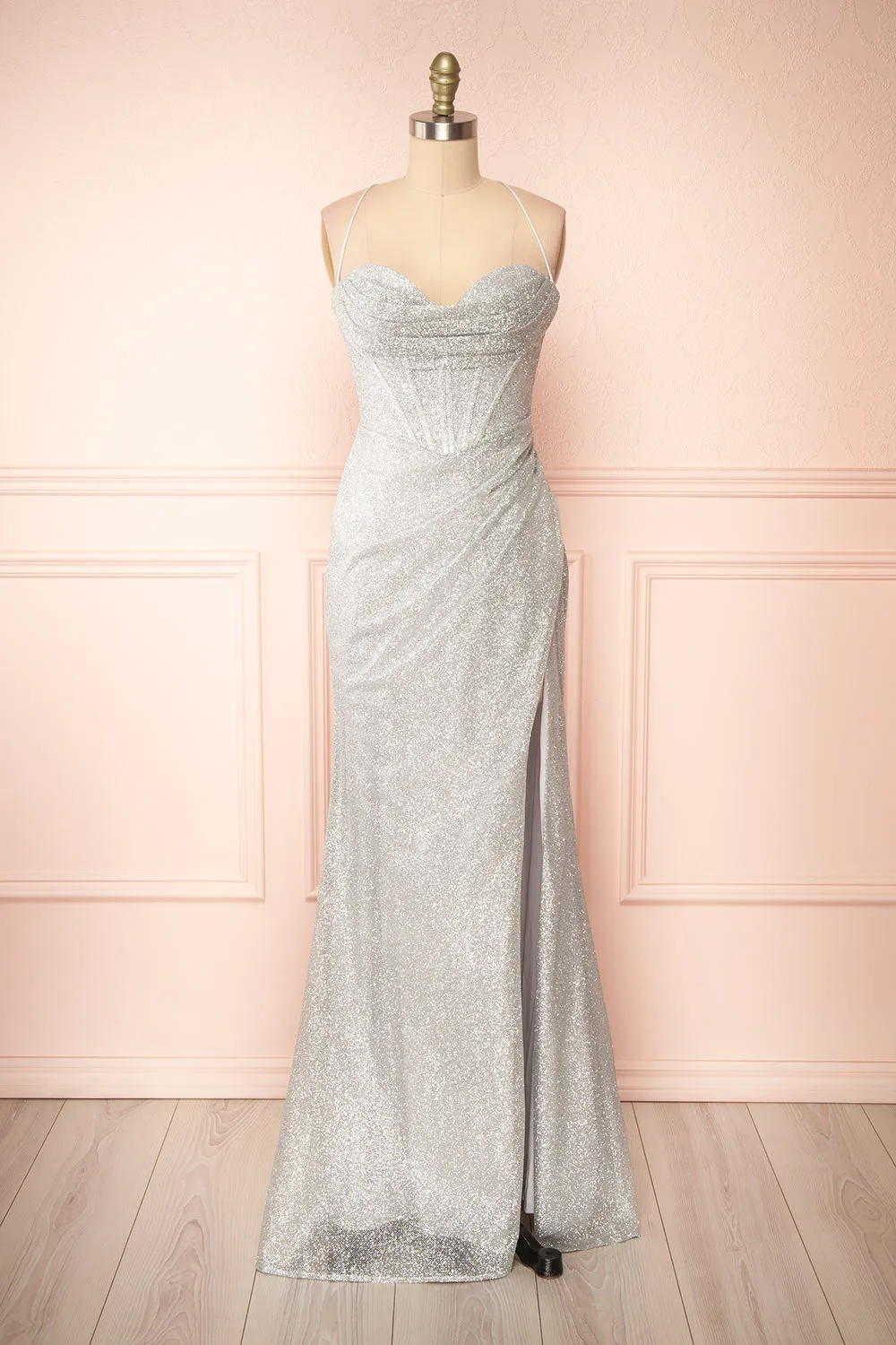 Frosti Silver | Sparkly Cowl Neck Maxi Dress sold by Boutique 1861