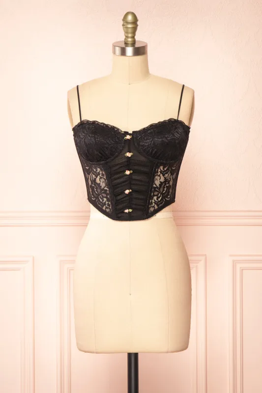 Lucie | Cropped Black Lace Corset w/ Roses sold by Boutique 1861
