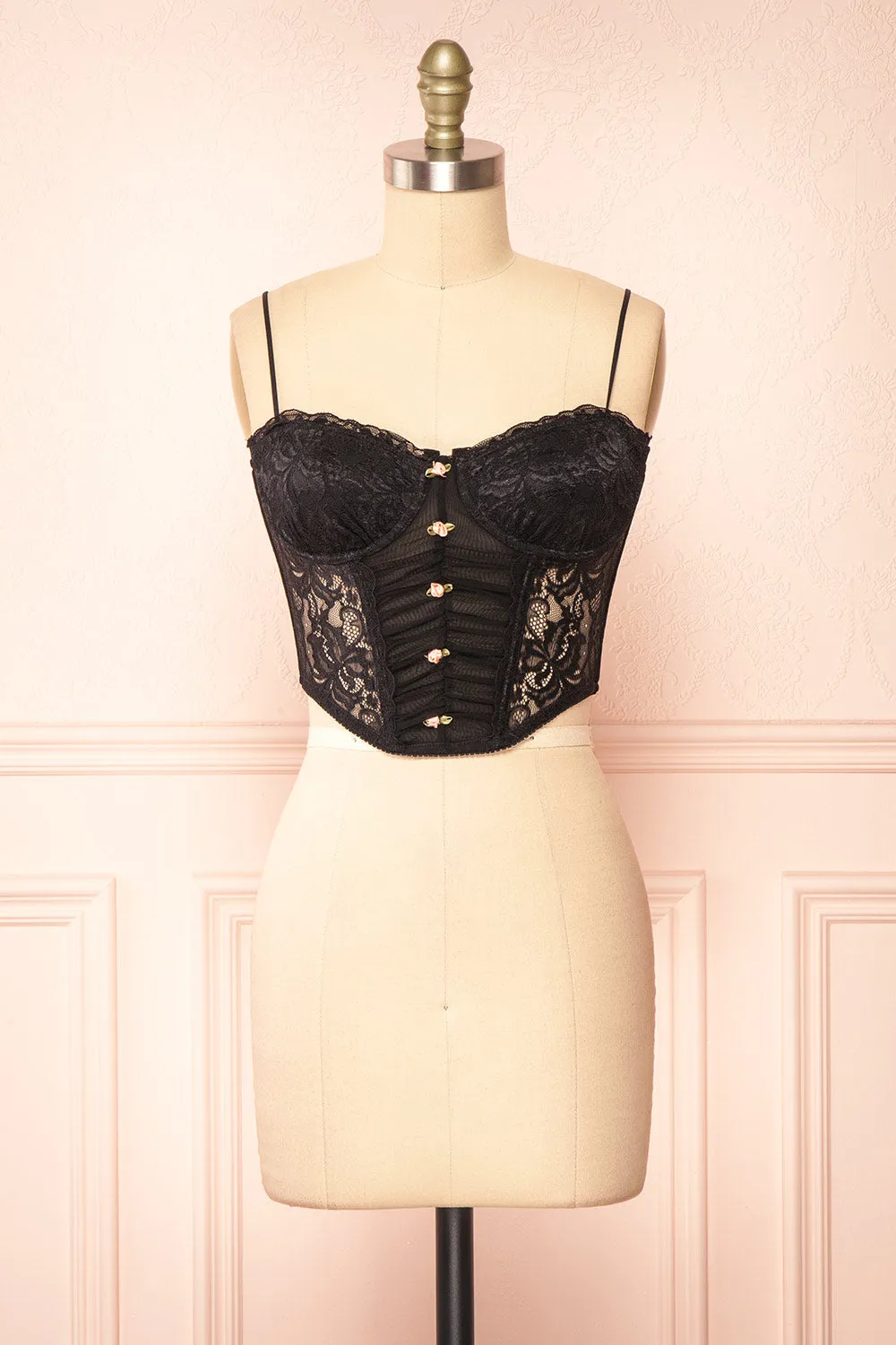 Lucie | Cropped Black Lace Corset w/ Roses sold by Boutique 1861