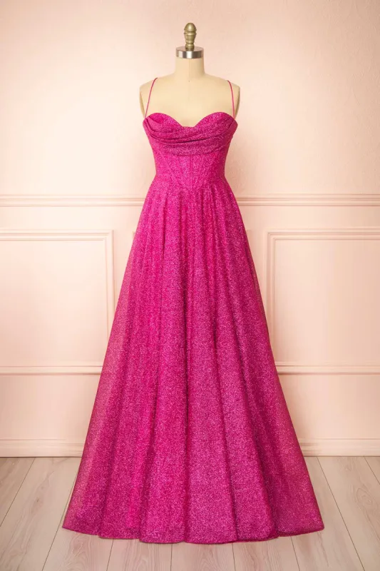 Lexy Fuchsia | Sparkly Cowl Neck Maxi Dress sold by Boutique 1861