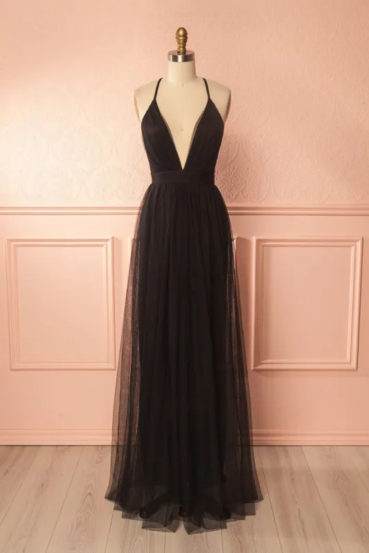 Aliki Black | Plunging Neckline Mesh Maxi Dress sold by Boutique 1861