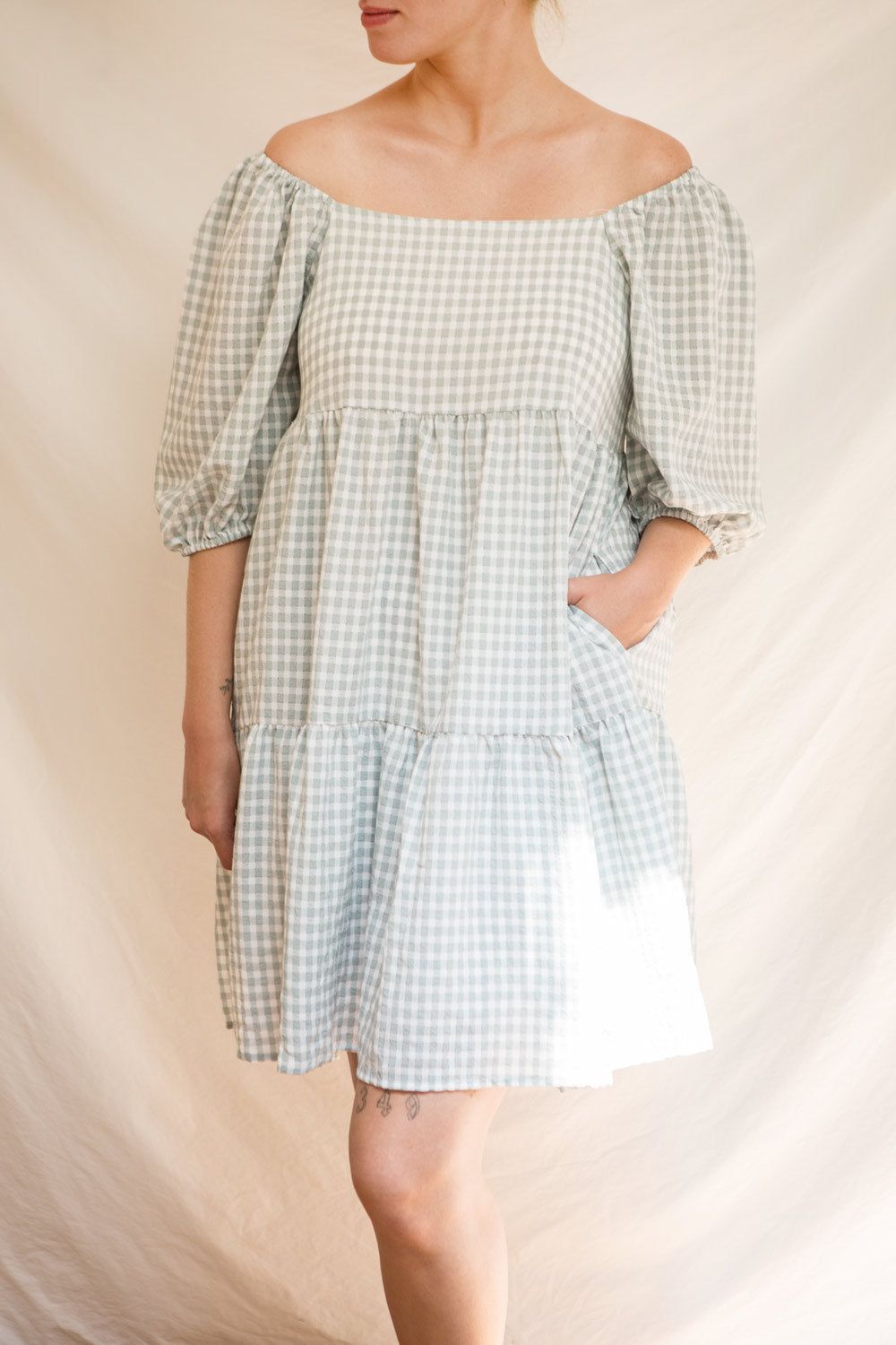 Malka | Tiered Gingham Short Dress w/ 3/4 Puff Sleeves sold by Boutique 1861 product image thumbnail 2