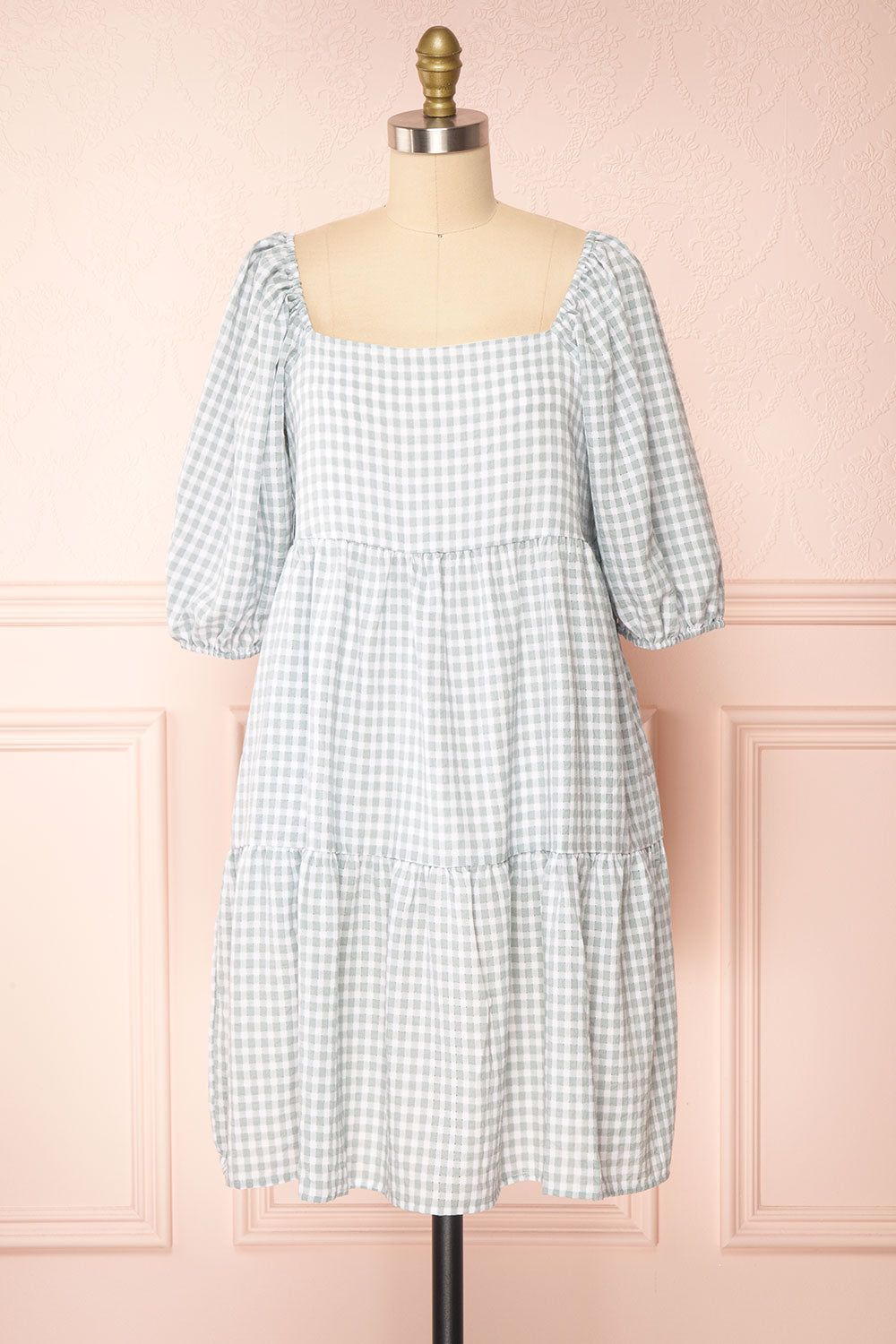 Malka | Tiered Gingham Short Dress w/ 3/4 Puff Sleeves sold by Boutique 1861