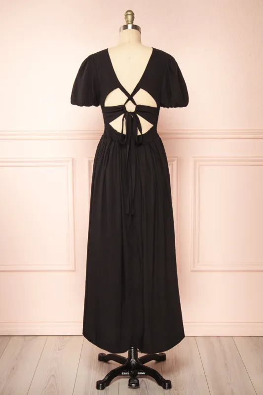 Lilou Black | Open-back Midi Dress w/ Puffy Sleeves sold by Boutique 1861