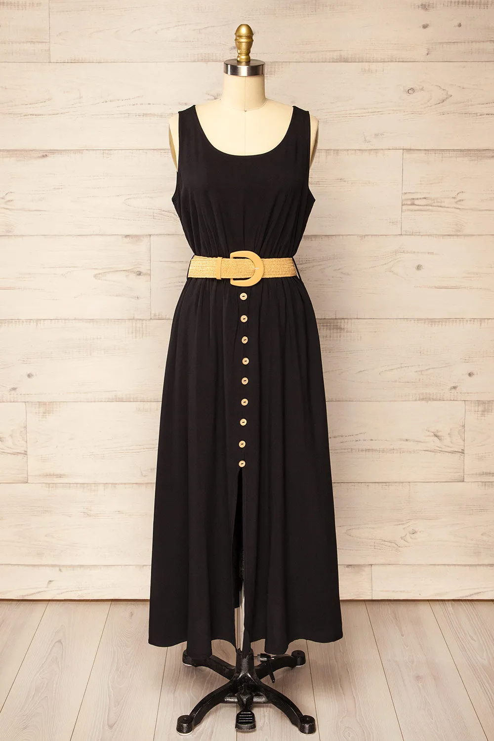Carrington | Black Midi Dress w/ Straw Belt sold by Boutique 1861