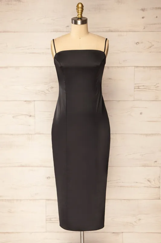 Korina Black | Fitted Satin Midi Dress sold by Boutique 1861