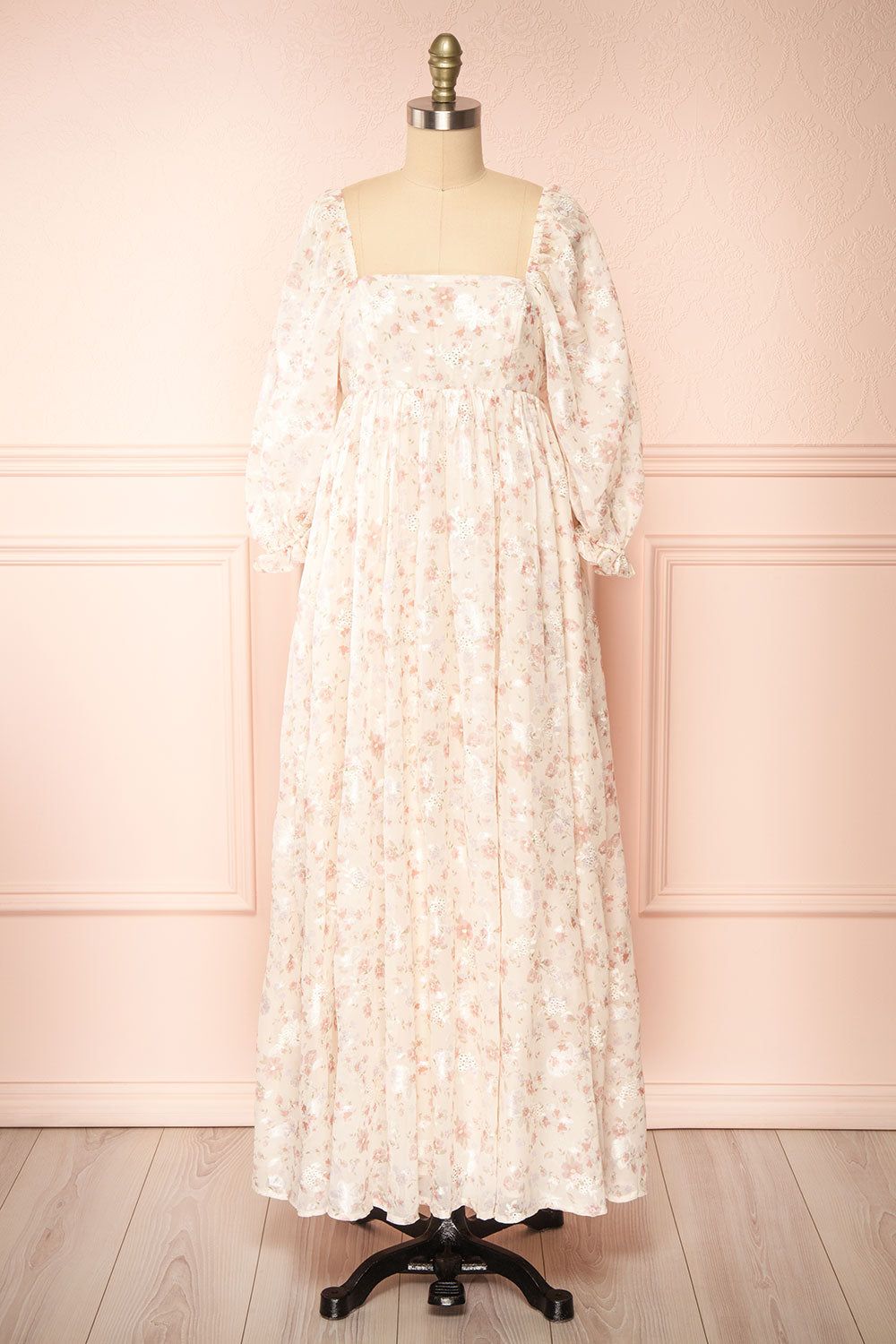 Eira | Beige Floral Maxi Babydoll Dress w/ Openwork sold by Boutique 1861