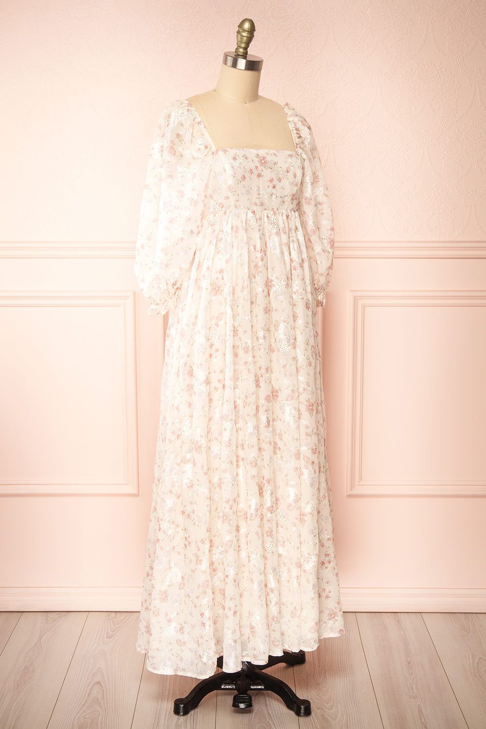 Eira | Beige Floral Maxi Babydoll Dress w/ Openwork sold by Boutique 1861 product image thumbnail 3