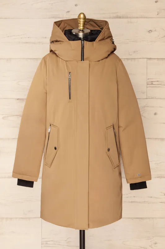 Bilena Beige | Mid-Length Down Coat w/ Puffy Bib sold by Boutique 1861