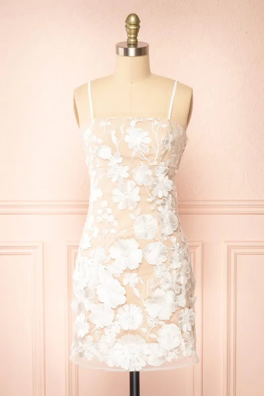 Stacia | Short White Mesh Dress w/ Floral Appliqués sold by Boutique 1861
