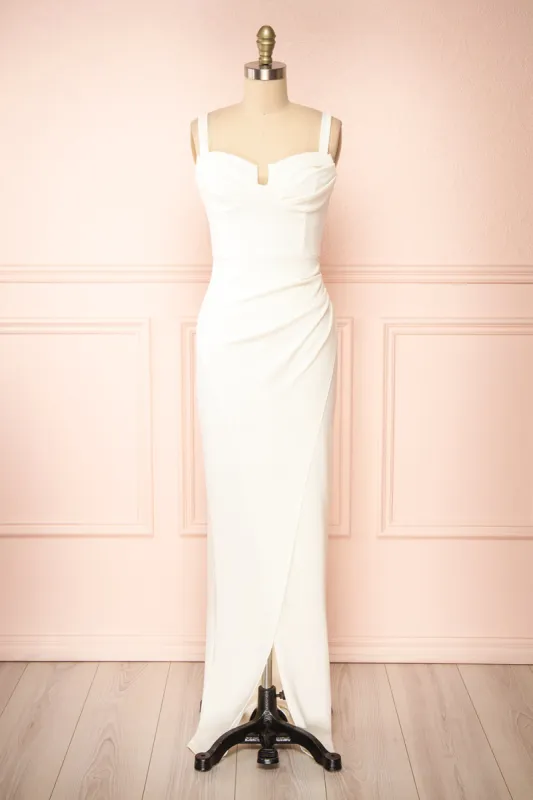 Babette Ivory | Fitted Maxi Dress w/ Pleated Neckline sold by Boutique 1861