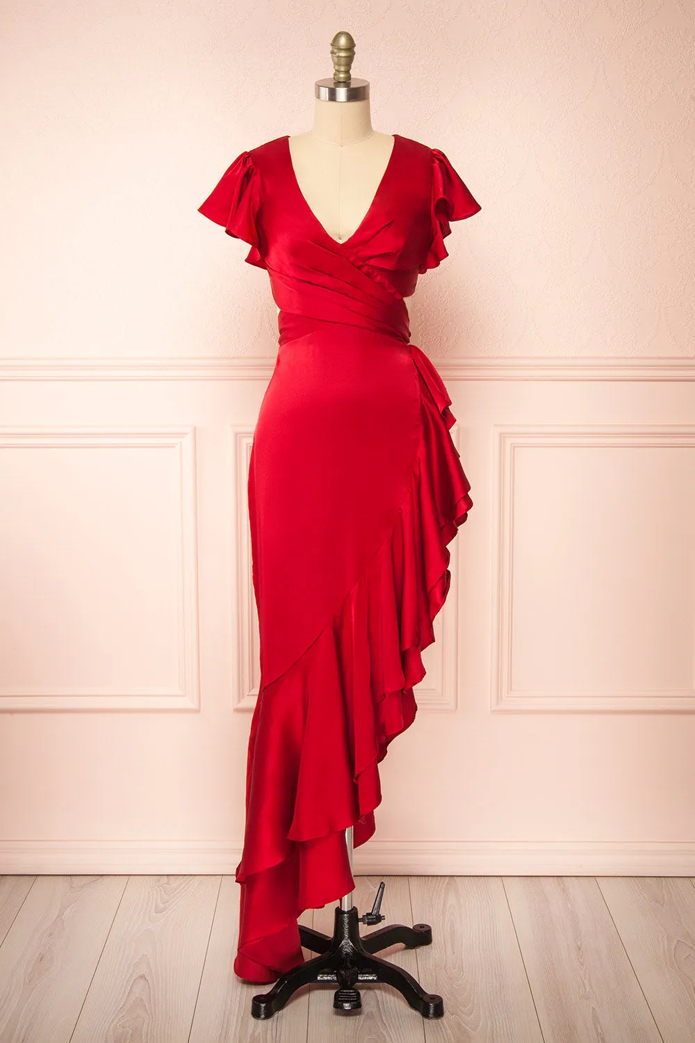 Eirlys Red | Asymmetrical Satin Dress w/ Ruffles sold by Boutique 1861