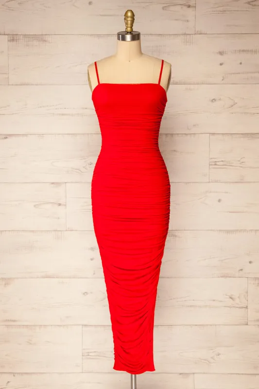 Yurtof Red | Fitted Ruched Midi Dress sold by Boutique 1861