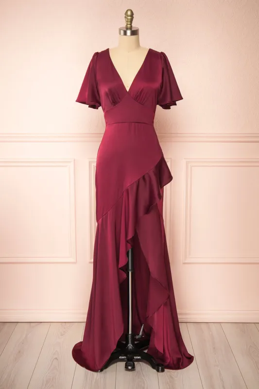 Fiarah | Burgundy Satin Maxi Dress w/ Ruffles sold by Boutique 1861