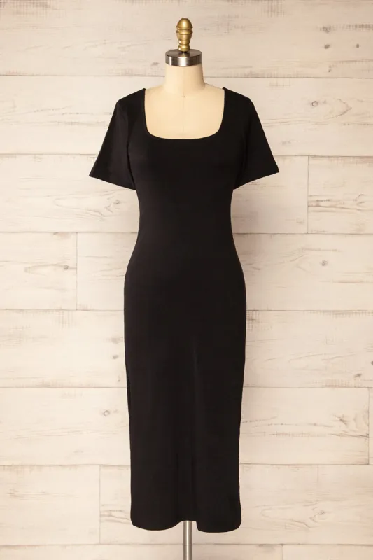 Bogota Black | Short Sleeve Midi Dress w/ Square Neckline sold by Boutique 1861