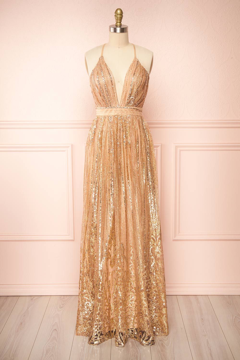 Andra Rose Gold | Plunging Neckline Sparkling Maxi Dress sold by Boutique 1861