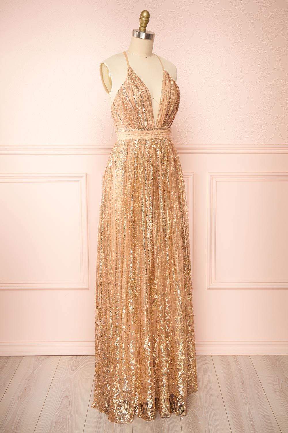 Andra Rose Gold | Plunging Neckline Sparkling Maxi Dress sold by Boutique 1861 product image thumbnail 3