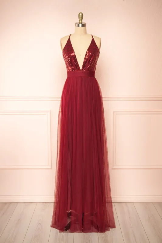 Kaia Burgundy | Sequin Gown sold by Boutique 1861