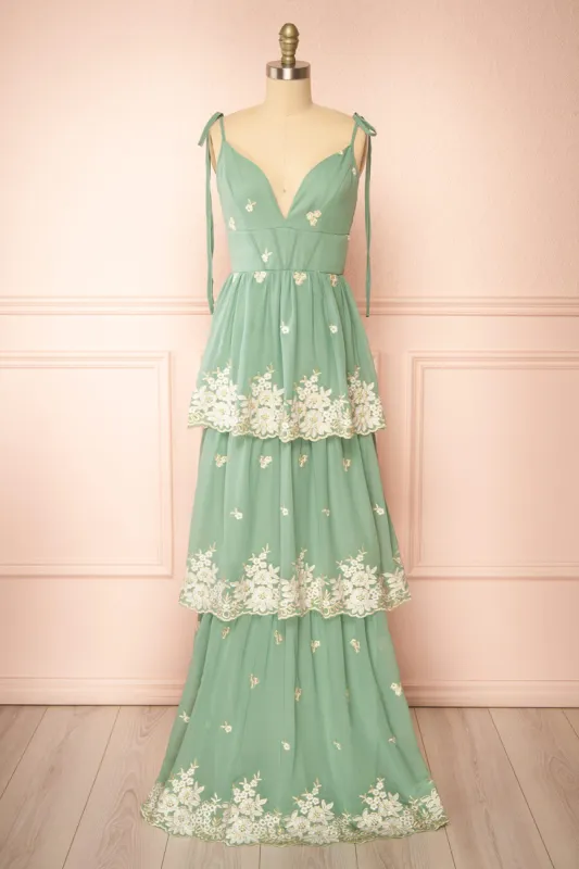 Taliana Sage | Chiffon Maxi Dress w/ Floral Embroidery sold by Boutique 1861