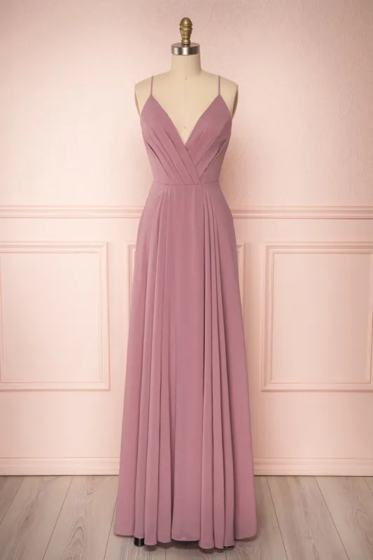 Aelis Mauve | Pleated Plunging V-Neckline Gown sold by Boutique 1861