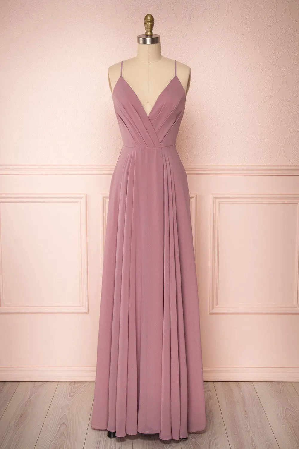 Aelis Mauve | Pleated Plunging V-Neckline Gown sold by Boutique 1861