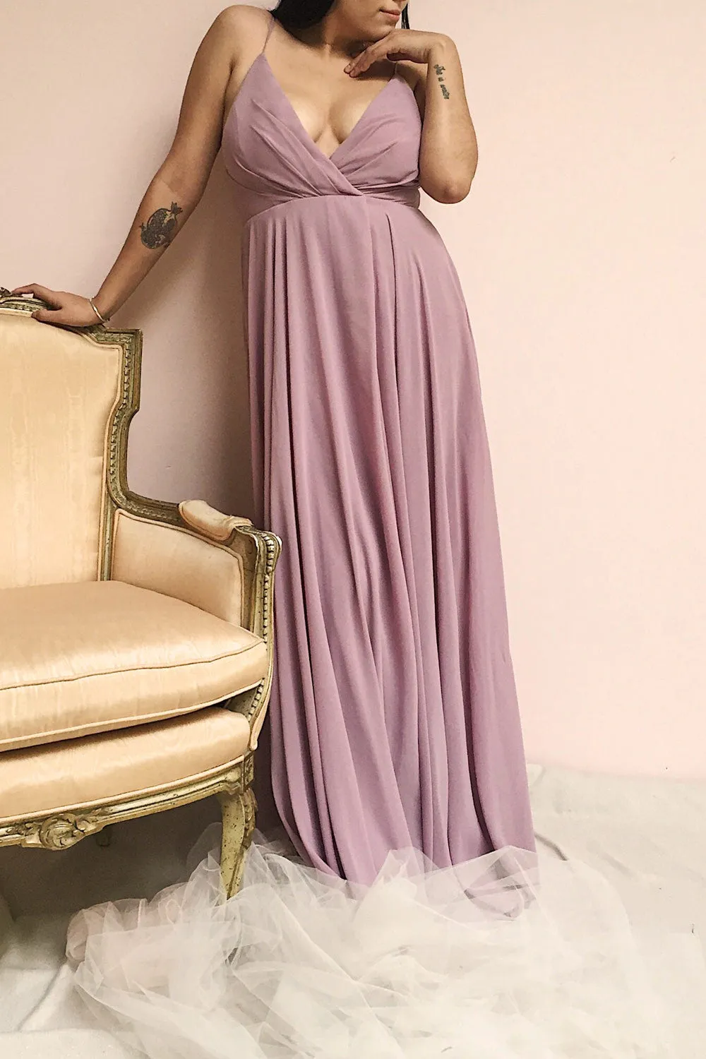 Aelis Mauve | Pleated Plunging V-Neckline Gown sold by Boutique 1861 product image thumbnail 2